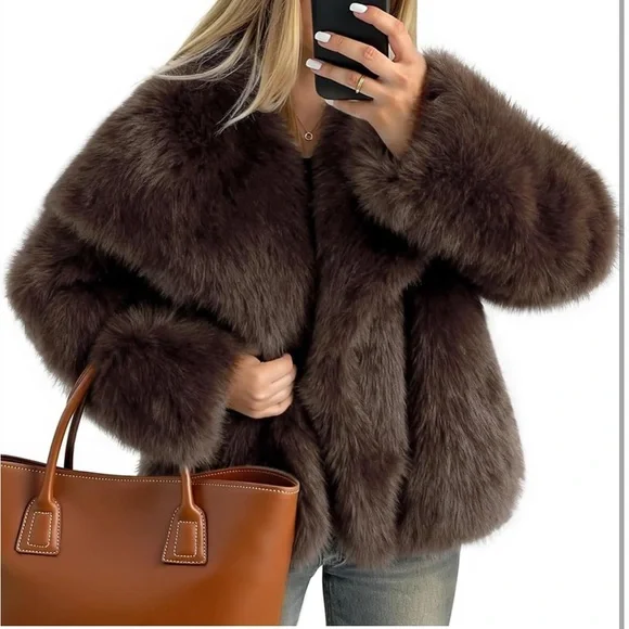 Luxurious Brown Faux Fur Coat shaggy jacket thick winter - Picture 7 of 7